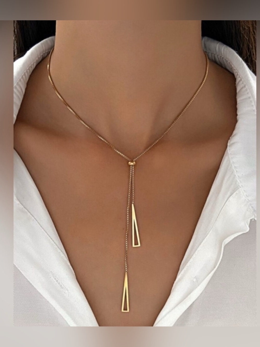 Gold Plated Stainless Steel Triangle Lariat Necklace | Minimalist Drop Pendant